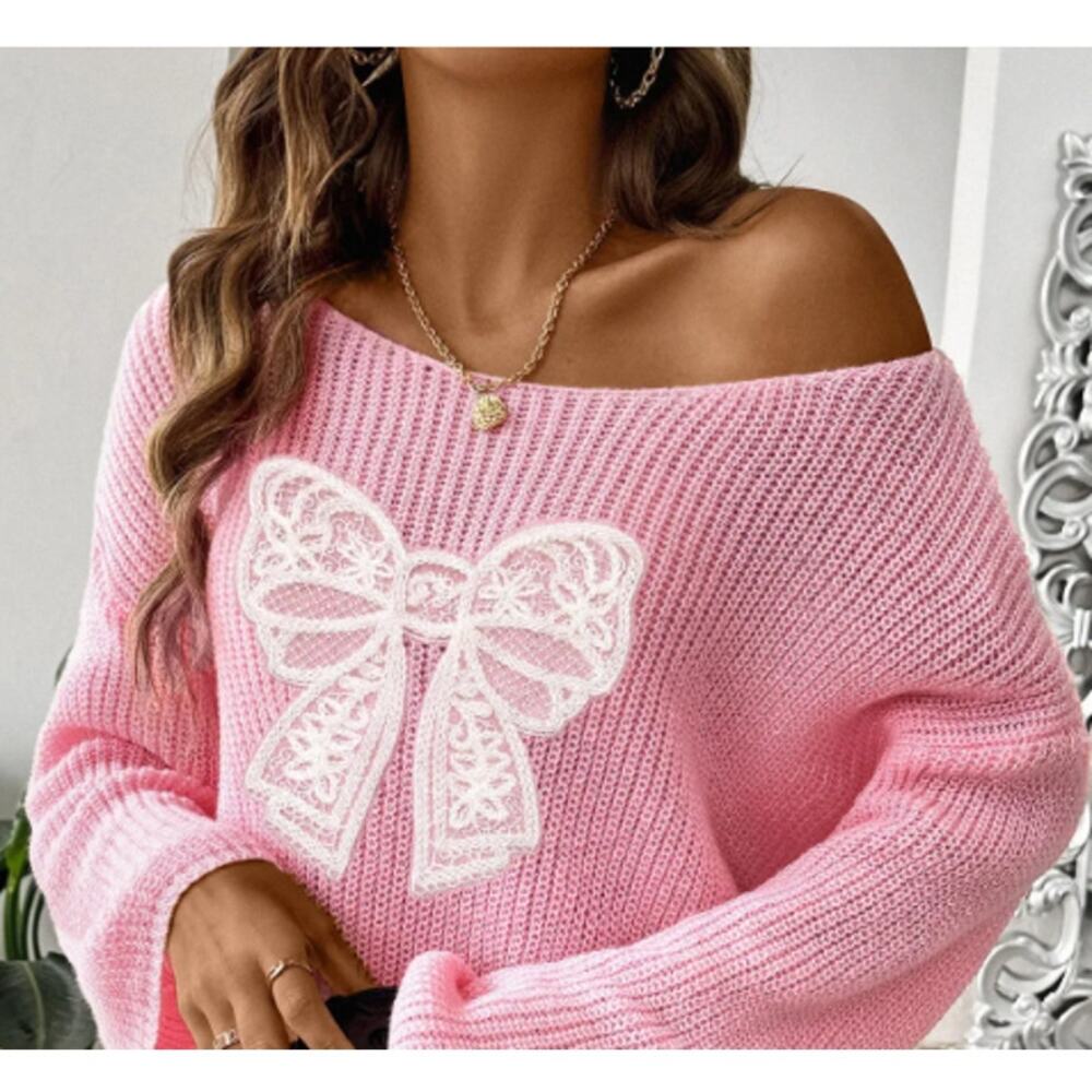 Chicgenes Oversized Bow Boat Neck Long Sleeve Sweater - Picture 5 of 6